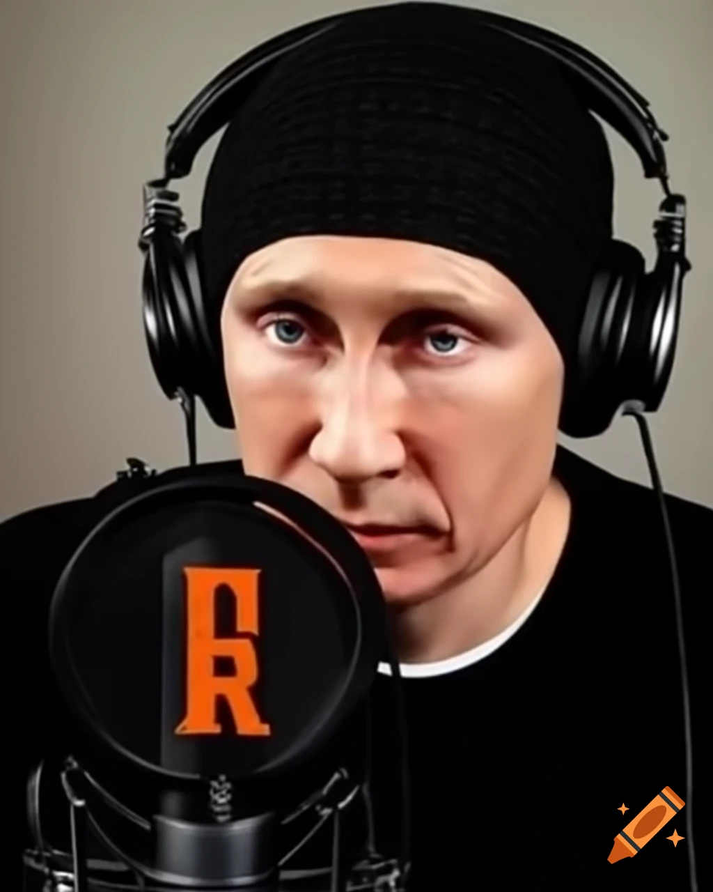 Vladimir Putin in black knit cap and orange Z t-shirt hosting podcast