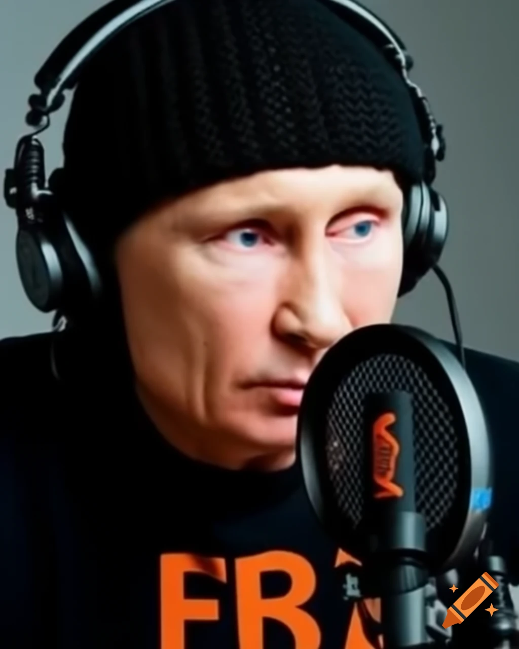 Vladimir Putin in black cap and Z t-shirt podcasting with microphone