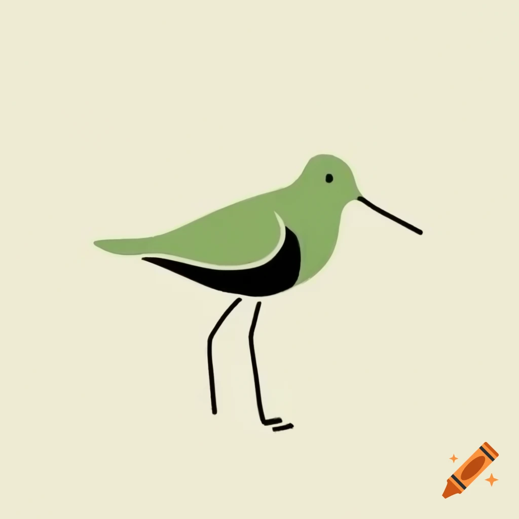 Minimalist black line drawing of sandpiper bird with orange and green accents