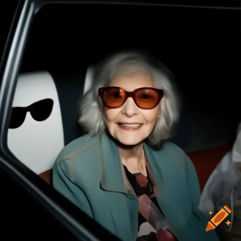 Elderly woman in coffin smiling with sunglasses