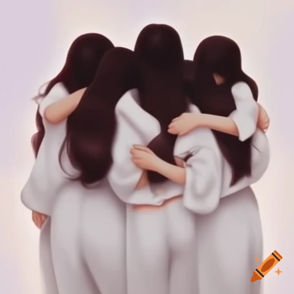 Five girls in white outfits hugging in a circle, anime style
