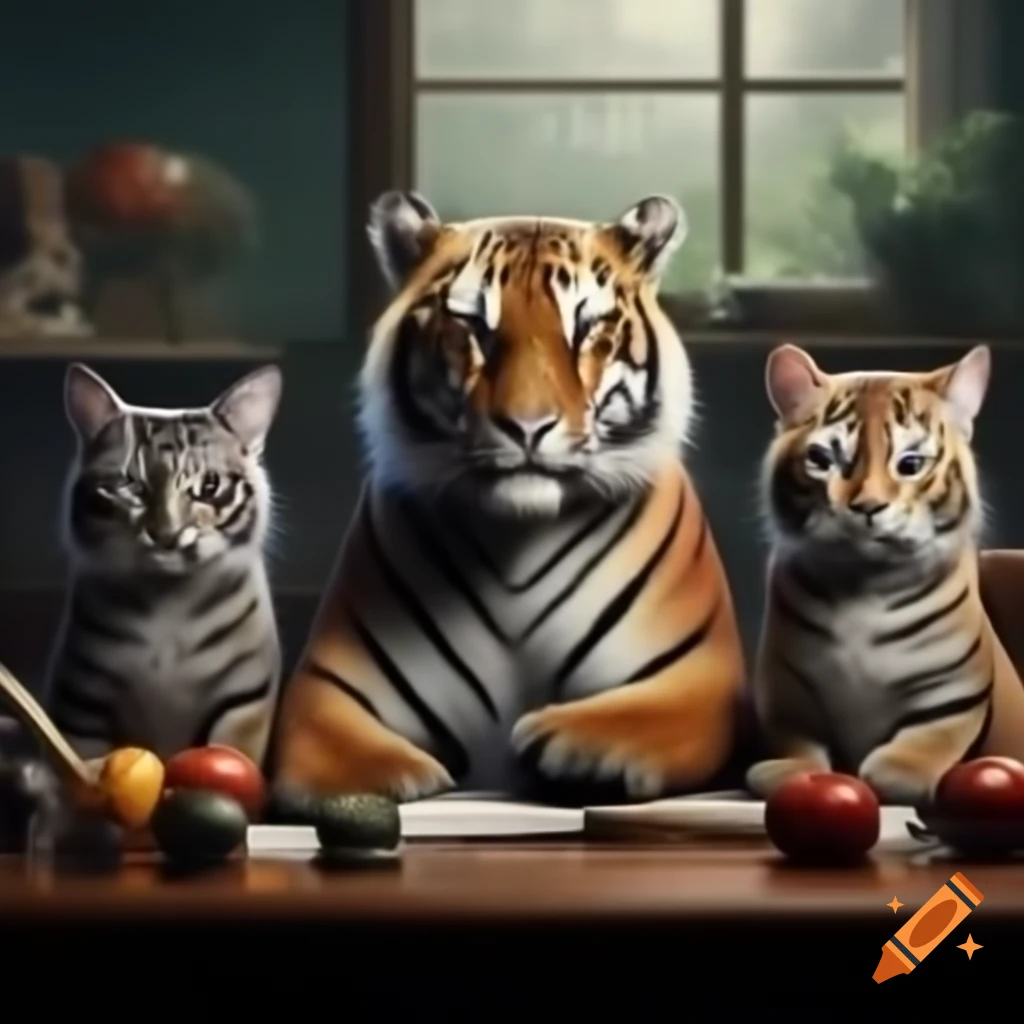Tiger and domestic cats leaning over person at desk, virtual meeting background