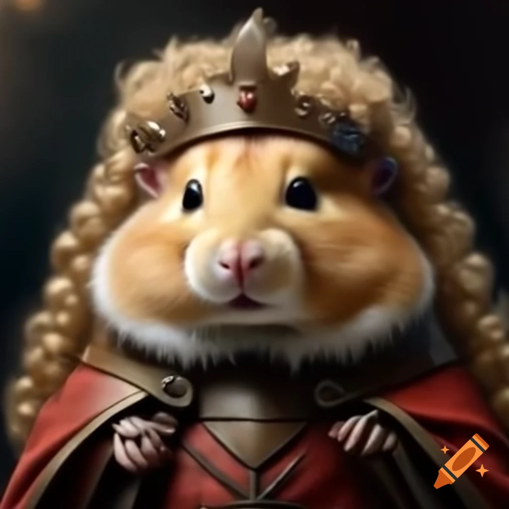 Medieval portrait of hamster wearing crown and curly blond wig