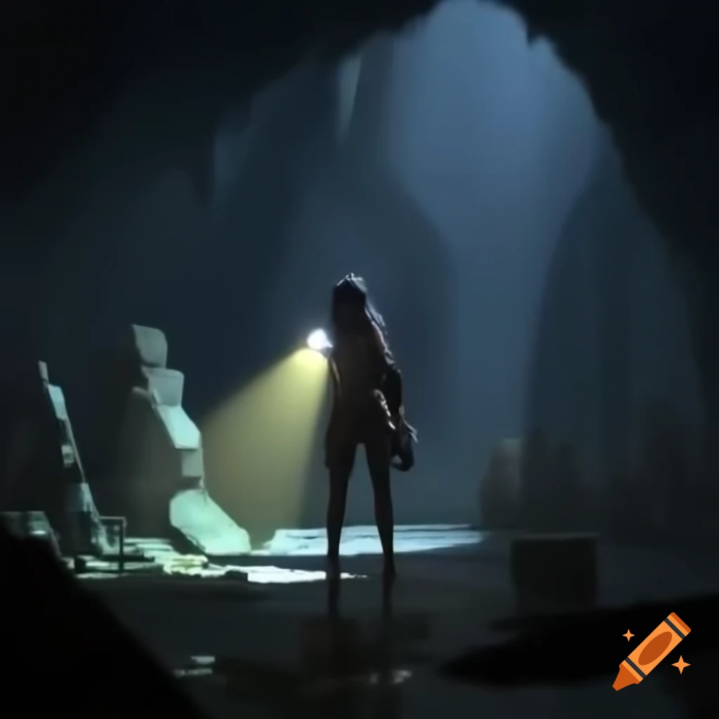 Plain woman with flashlight and hard helmet exploring dark cavern with ancient ruins