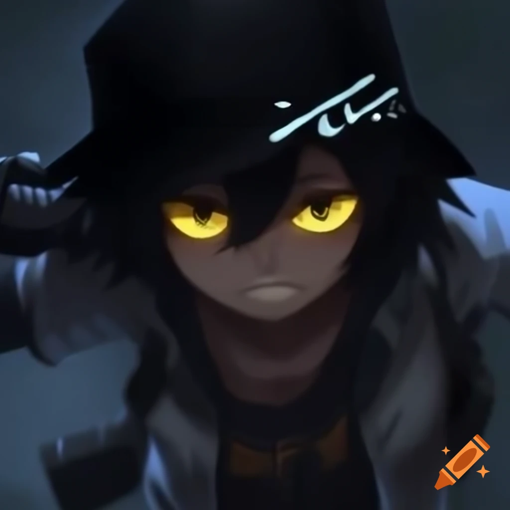 Worn out anime character with ripped clothes, black headband, rusty blade, and glowing yellow eyes