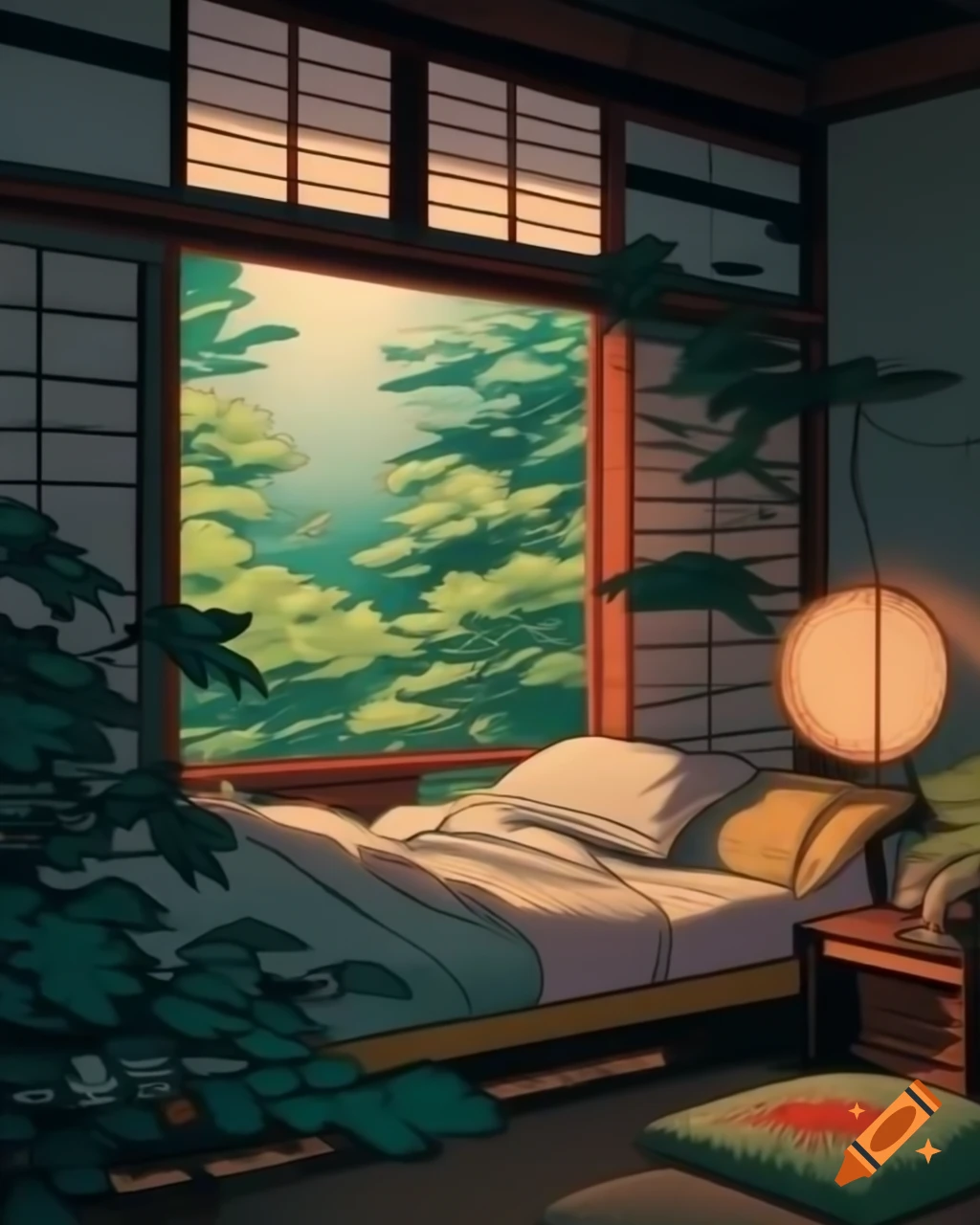 Ukiyo-e illustration of a cozy bedroom filled with plants and dramatic anime lighting