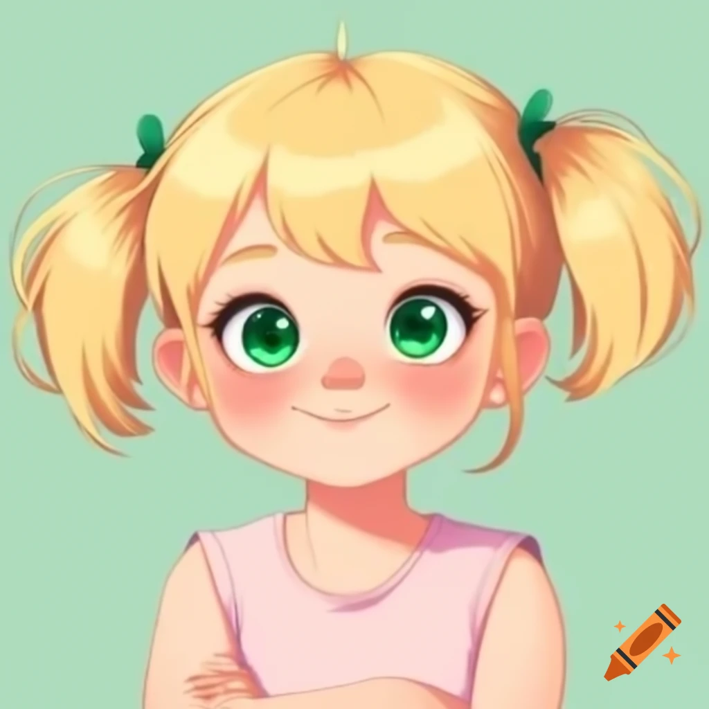 Anime girl with blonde hair and emerald green eyes wearing pink sleeveless t-shirt