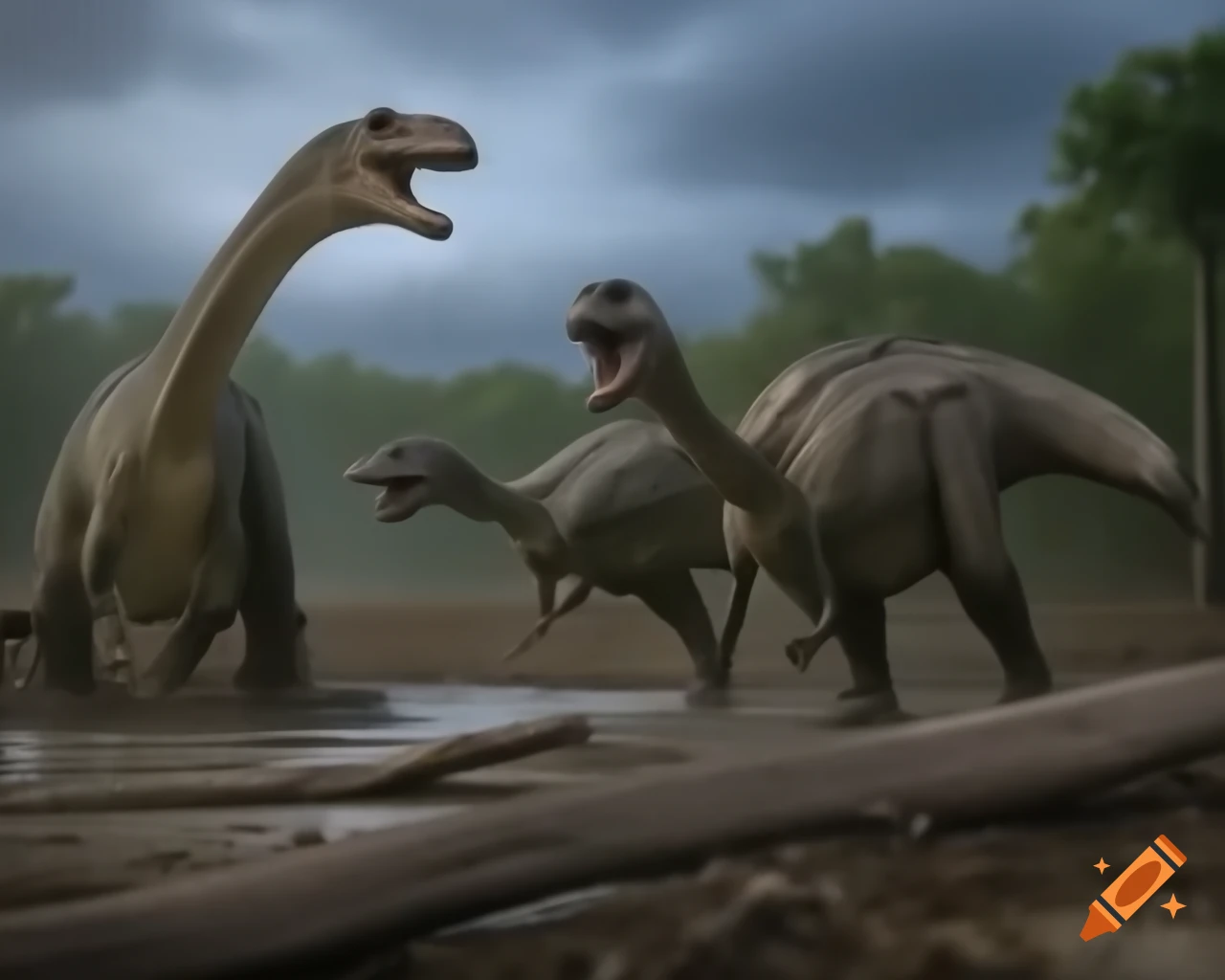 Hadrosaurus dinosaurs in mudflat with driftwood at morning