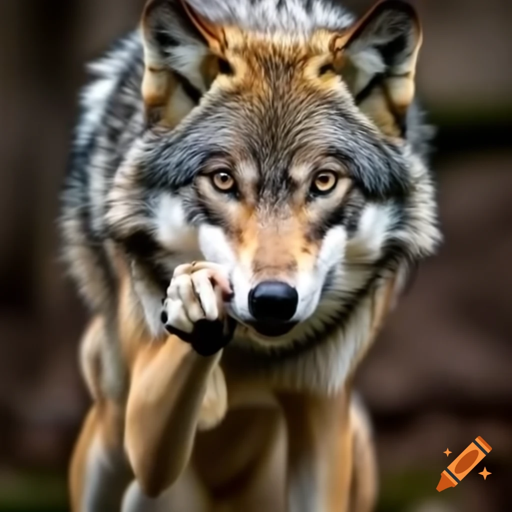 Wolf making gesture with front paw between middle and index fingers