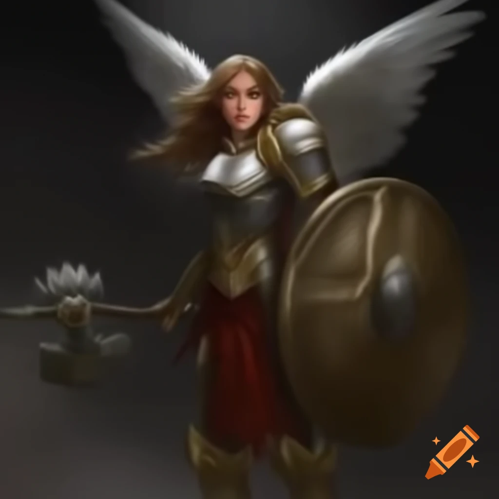 Female warrior with angel wings in plate armor holding a holy spiked mace and shield