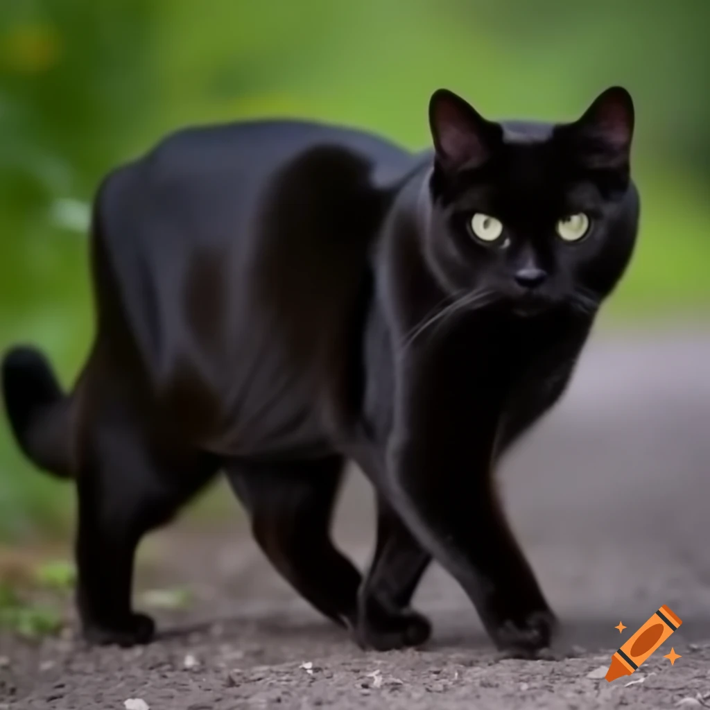 Black cat with white stripe walking