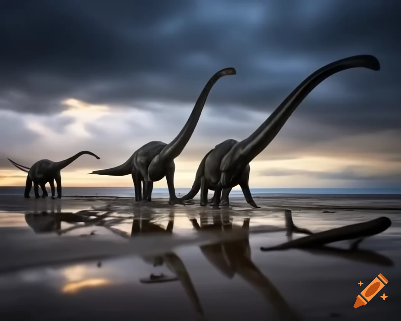 Diplodocus walking along a coastal puddle at golden hour with storm clouds