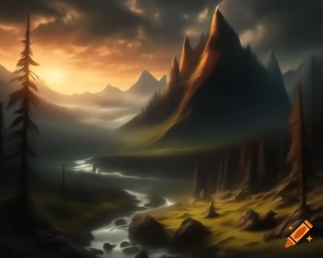 Majestic mountain range towering over winding river