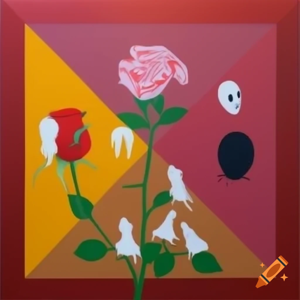 Abstract oil painting of Hamlet with rose, skull, and father's ghost