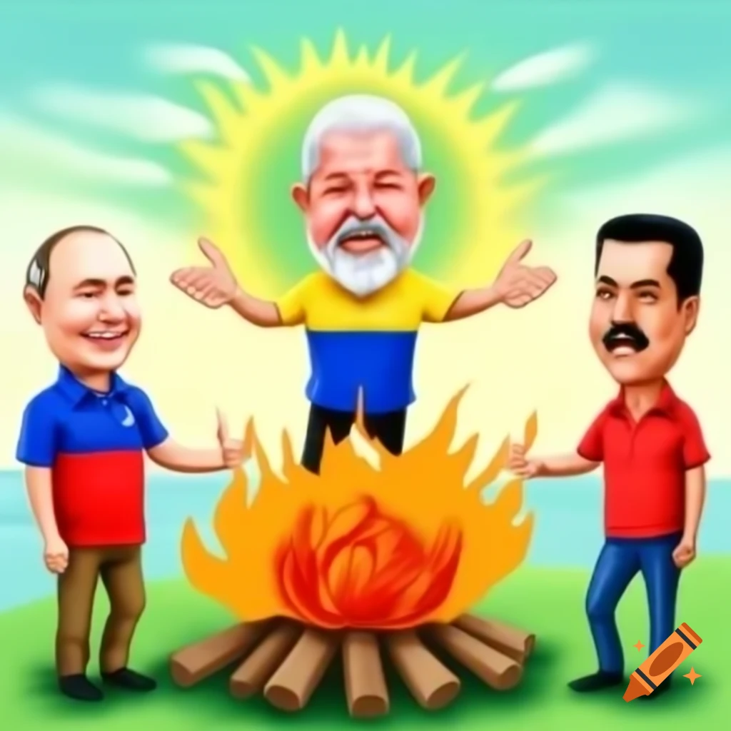 Humorous caricature of Lula, Maduro, and Putin holding hands and laughing