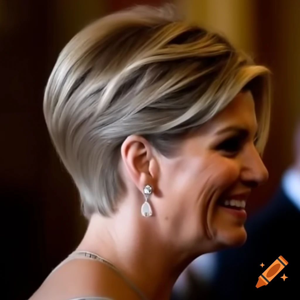 Queen Maxima showcasing short haircut with clippered back and sides