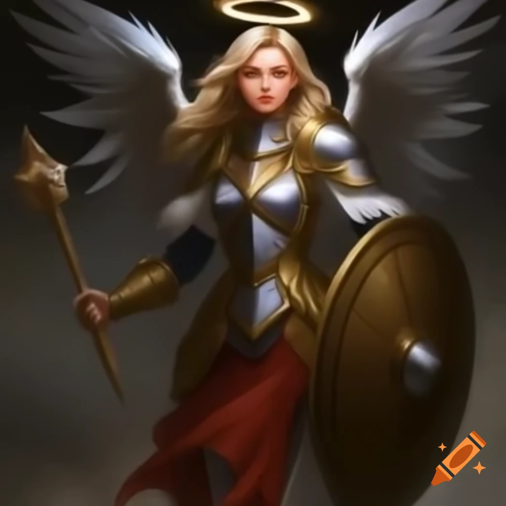 Female warrior with angel wings in plate armor holding a holy spiked mace and shield