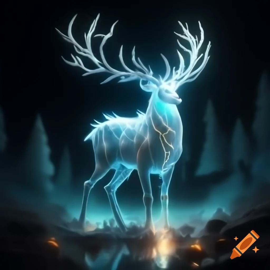 Majestic bioluminescent stag creature with glowing antlers in eternal twilight
