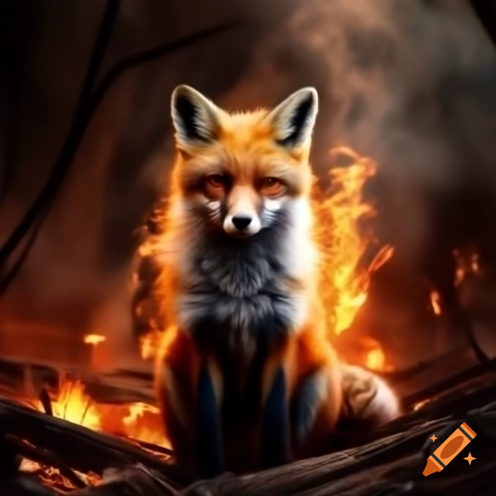 Fox in a dramatic scene surrounded by fire