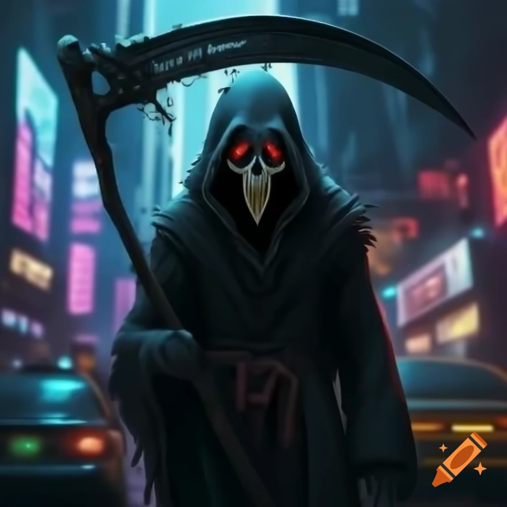 Grim reaper holding scythe in neon-lit cyberpunk city