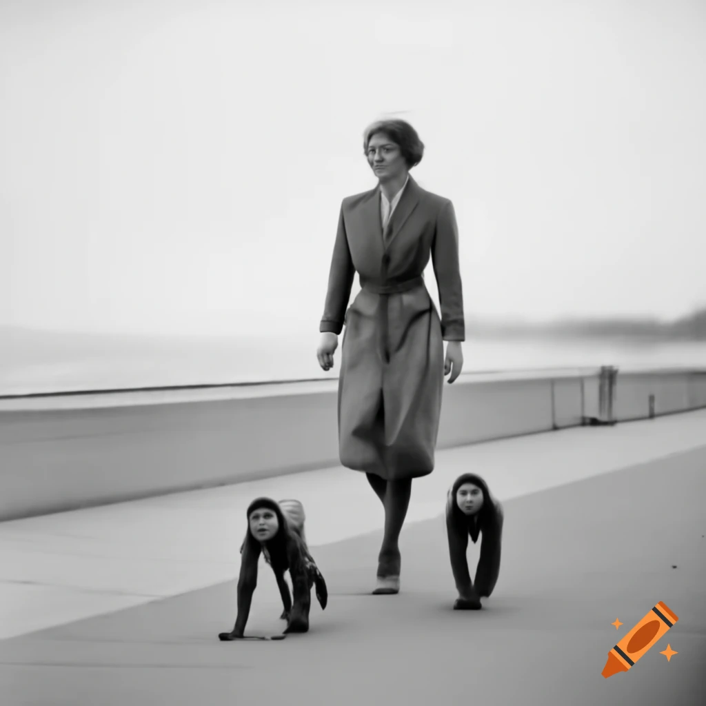 Hylda Baker strolling on seaside promenade with two pet monkeys
