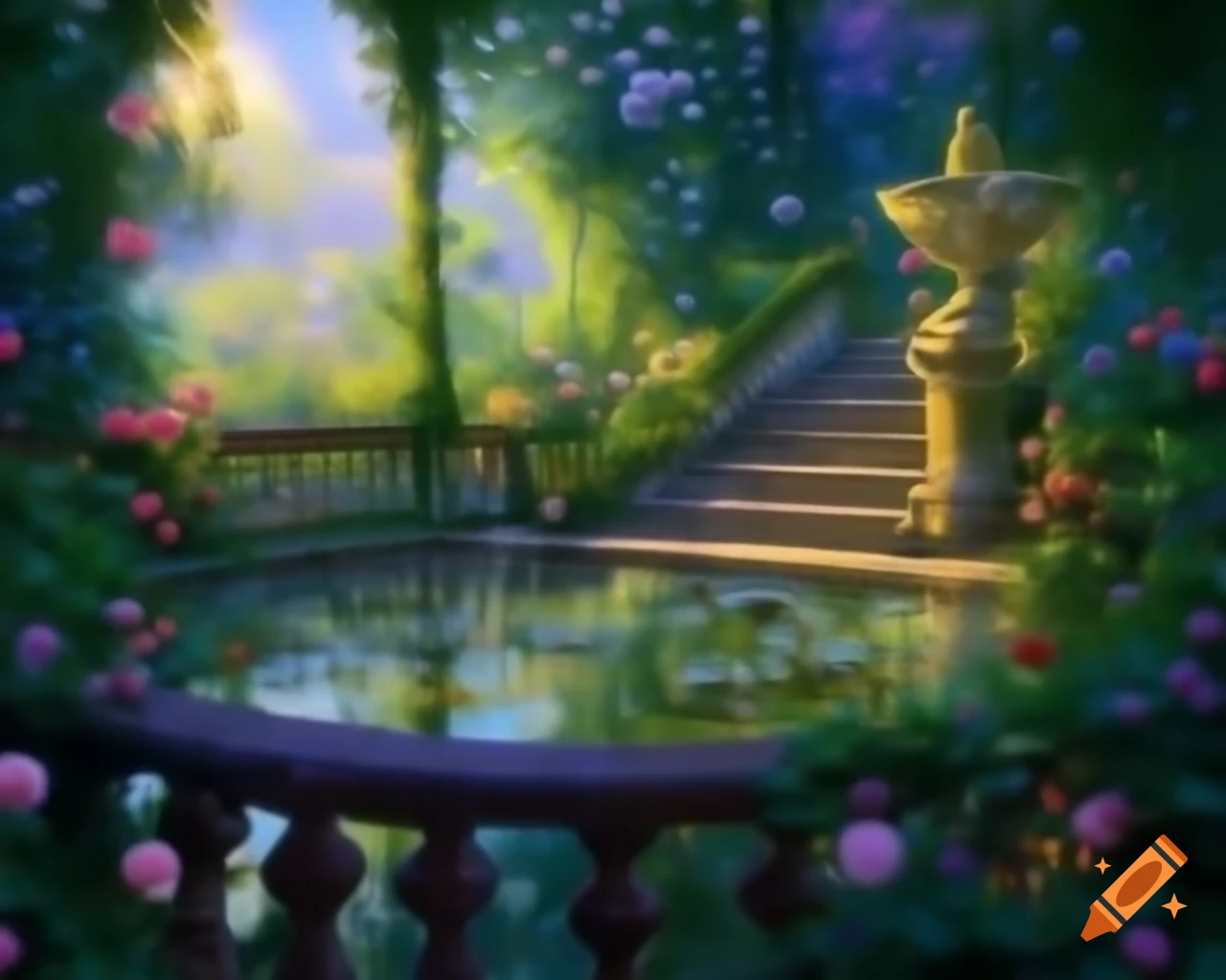 Victorian garden balcony with pond, fountain, and waterfall at dawn