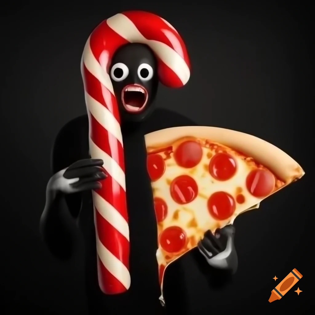 Whimsical candy cane character with large eyes and sharp teeth eating screaming pizza