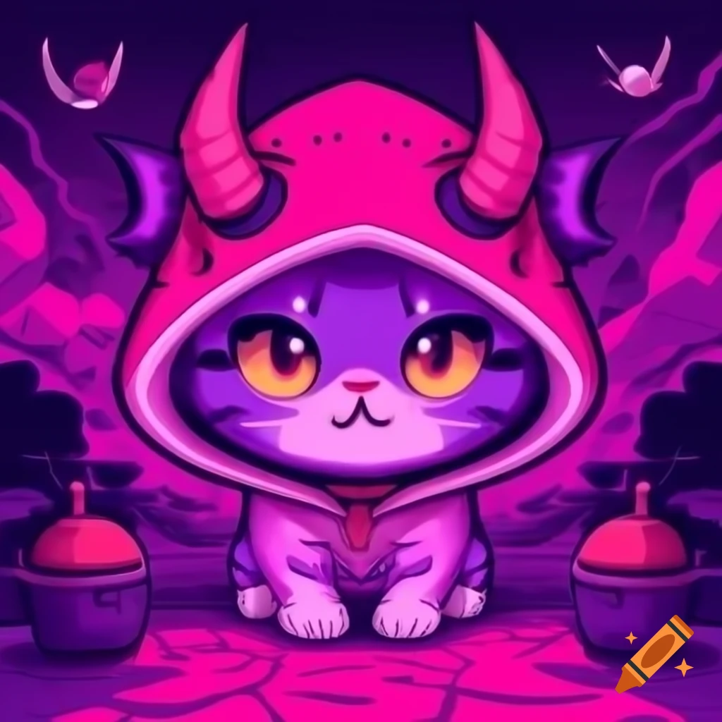 Cute anime-style devil horned kitten in pink and purple hell scenery