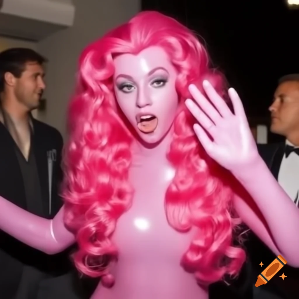 Dusty pink latex pony costume inspired by Pinkie Pie with pink-haired character