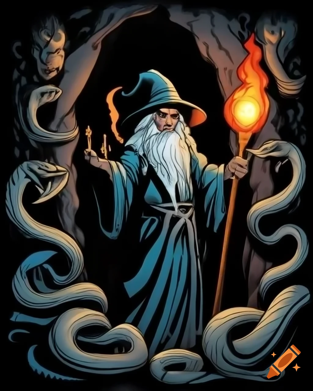 Dark fantasy art of wizard holding torch entering cave with monstrous snakes