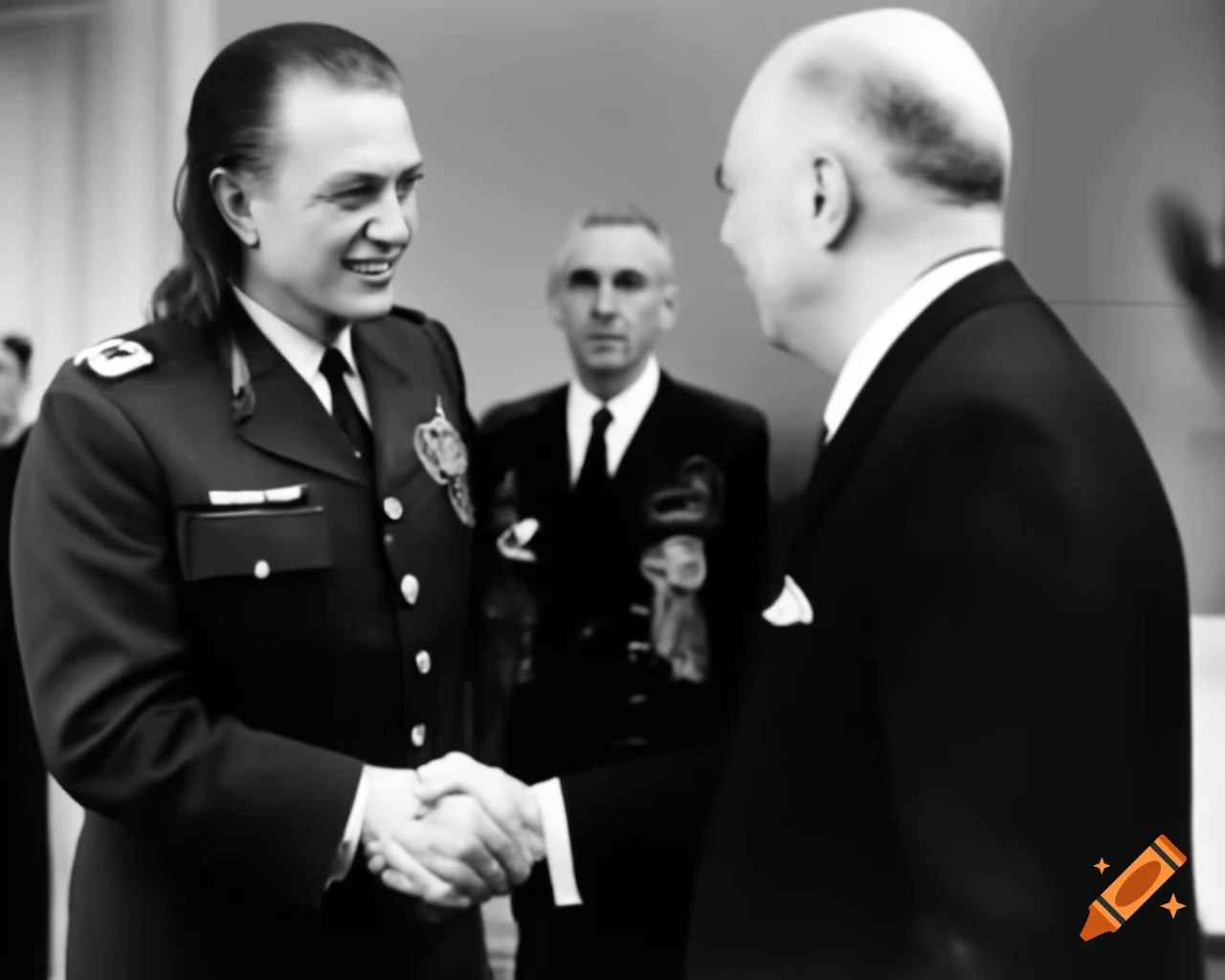 Man in suit shaking hands with general, military setting