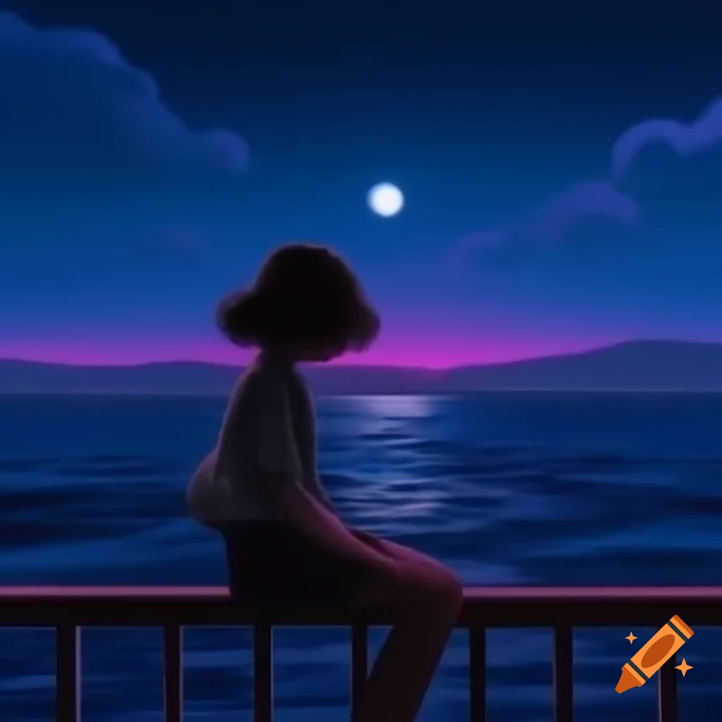 Girl sitting on bridge railing at night with cigarette, sea and stars in background