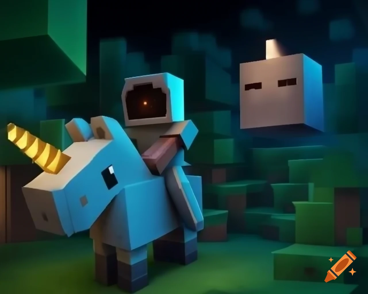Astronaut riding unicorn in Minecraft with cinematic soft lighting