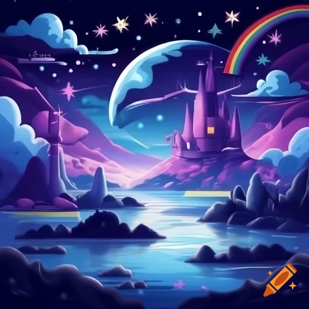 Dreamy magical landscape with starry night, floating islands, and ethereal creatures