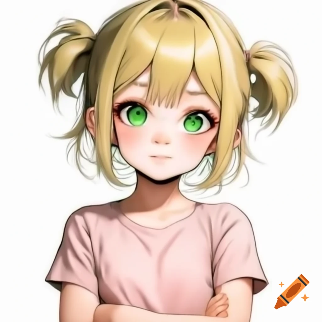 Anime girl with blonde hair and green eyes wearing a pink sleeveless t-shirt