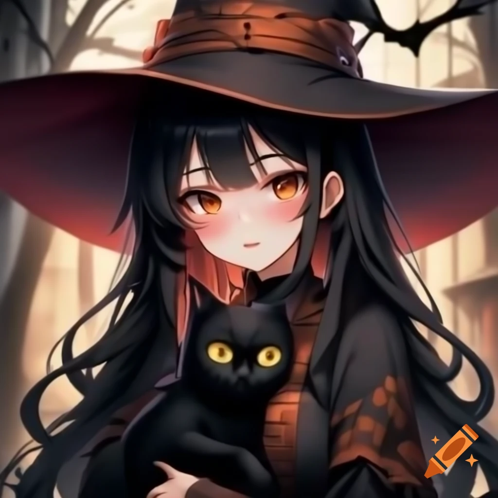 Anime witch holding black cat with Halloween background