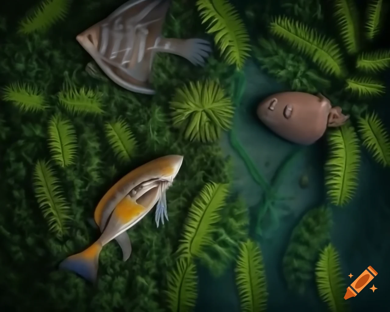 Hadrosaurus dinosaurs with angelfish-like patterns in marshland with horsetails and ferns