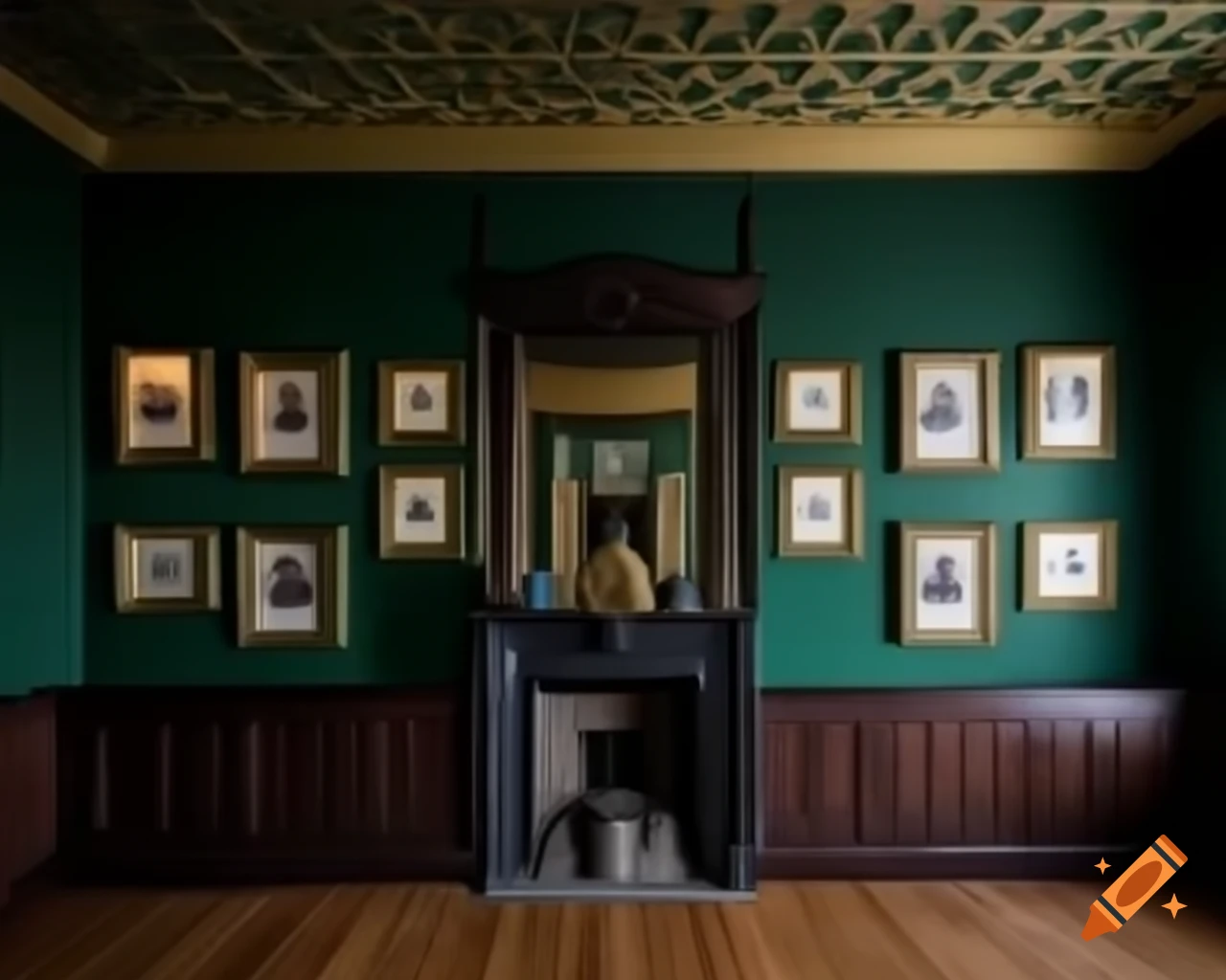 English manor study featuring dark green walls, wooden paneling, and gold framed pictures