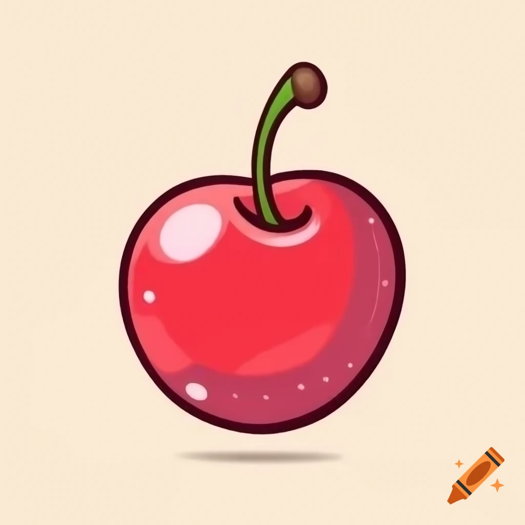 2D drawing of a red cherry with a pink ribbon