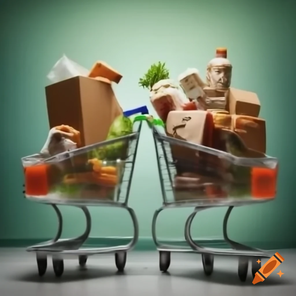Contrasting shopping carts: one with eco-friendly packaged food, the other with plastic packaging
