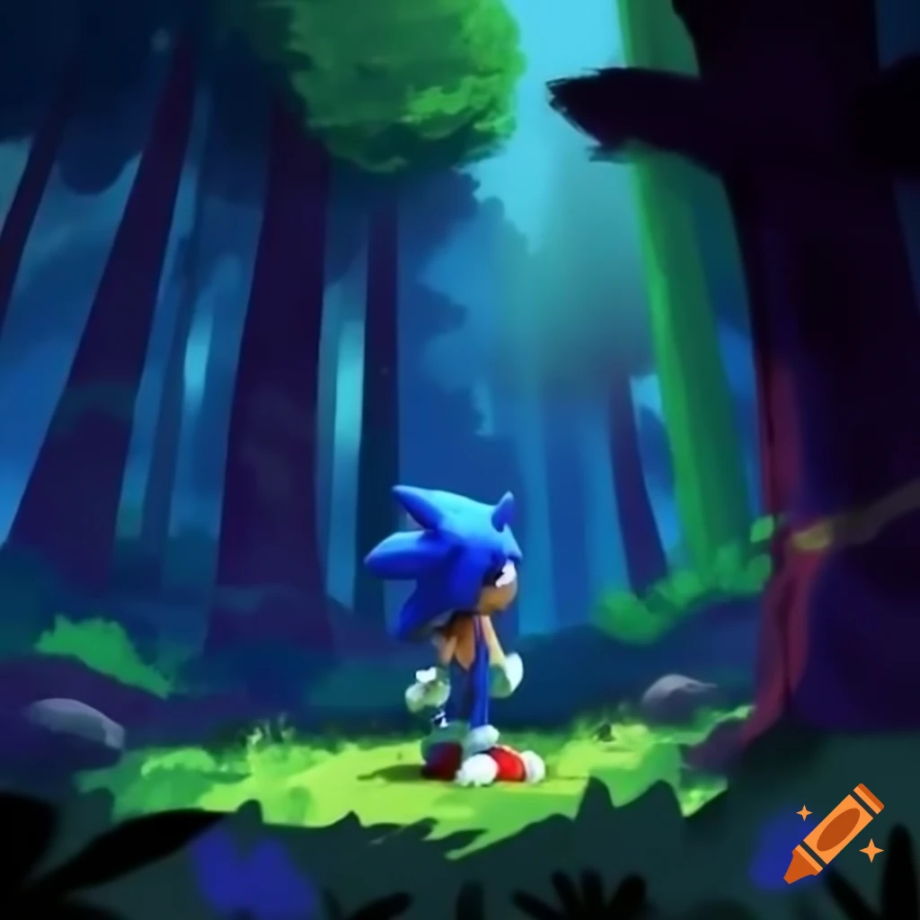 Sonic the Hedgehog standing with back to viewer in a beautiful forest at night