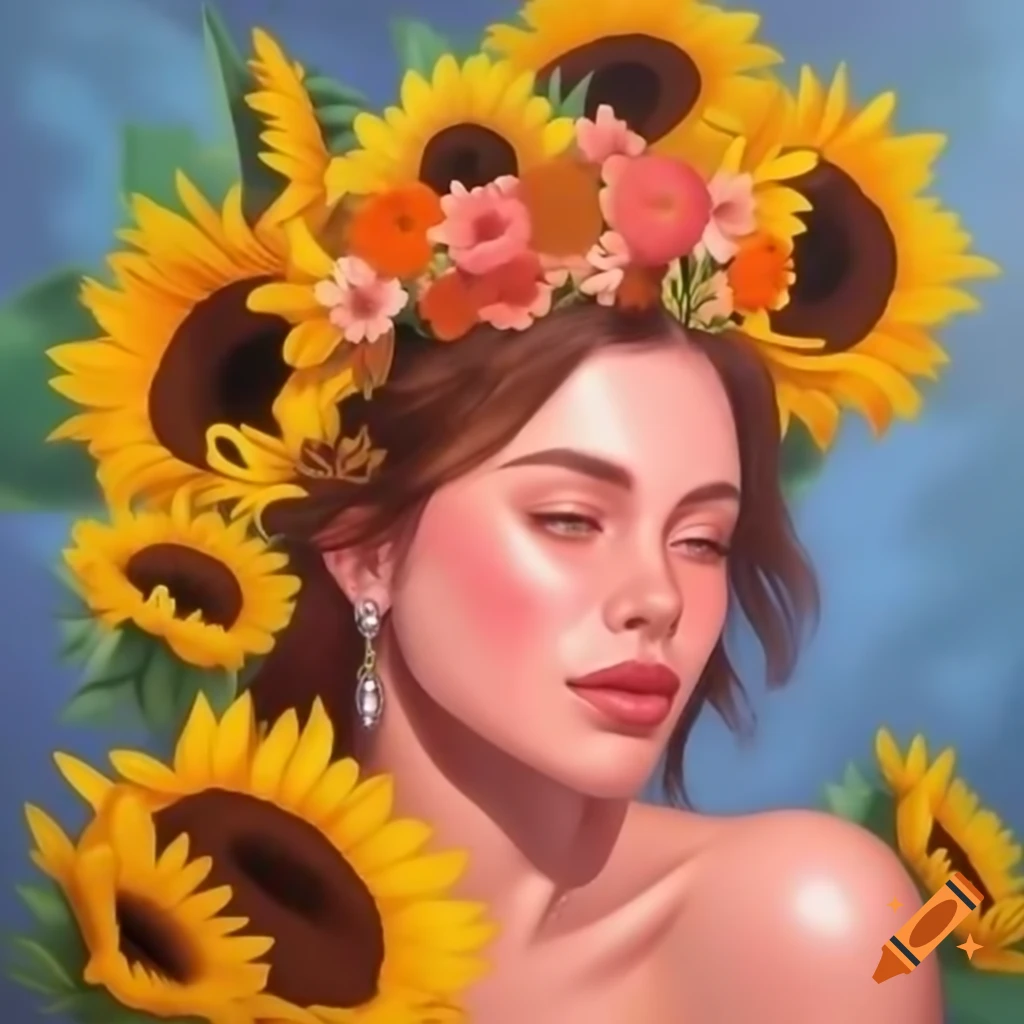 Woman with flower tiara made of sunflowers and pastel shades