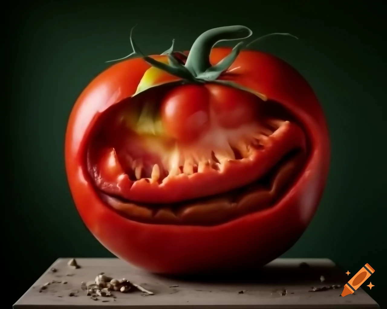 Hyper-realistic tomato sculpture in breathtaking landscape