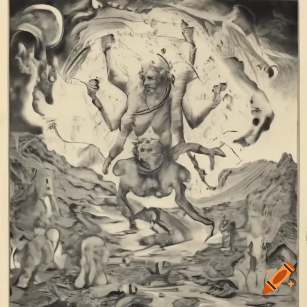 Surreal collage depicting baroque baron in hell with expressionist line drawing
