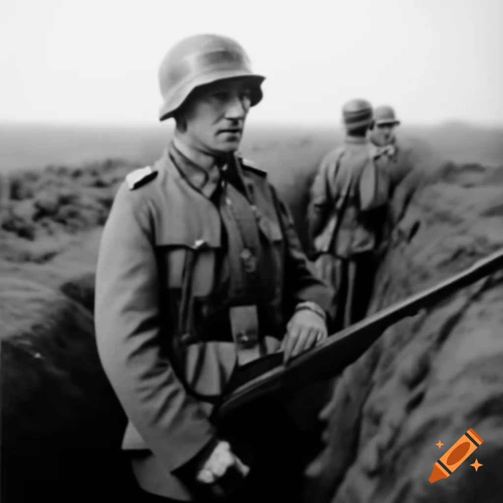 World War I German soldier in trench with determined expression