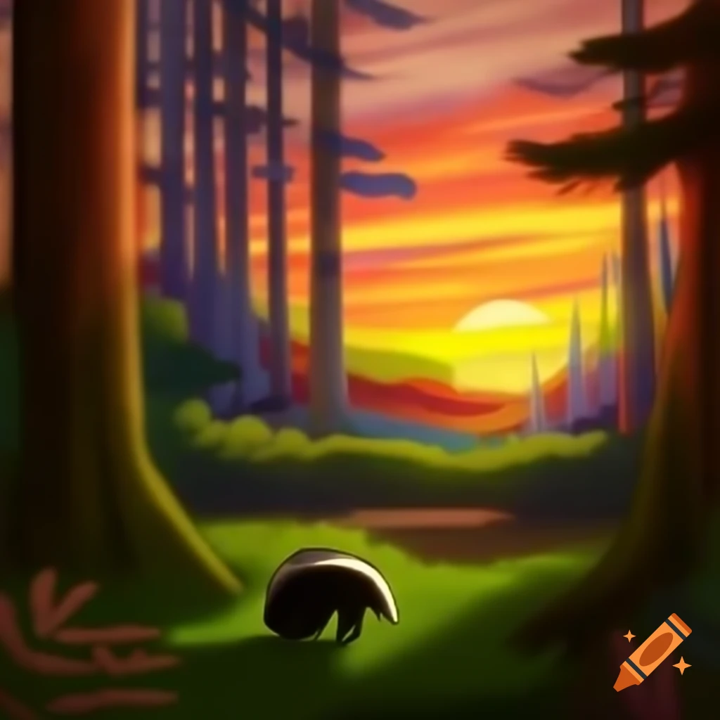 Woodland sunset with rainbow and musical notes featuring a badger