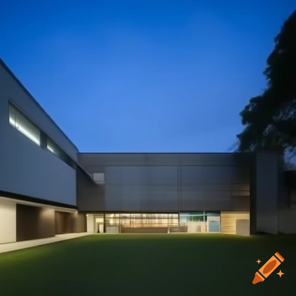 Modern school backyard at dusk, capturing liminal space and dream core aesthetics