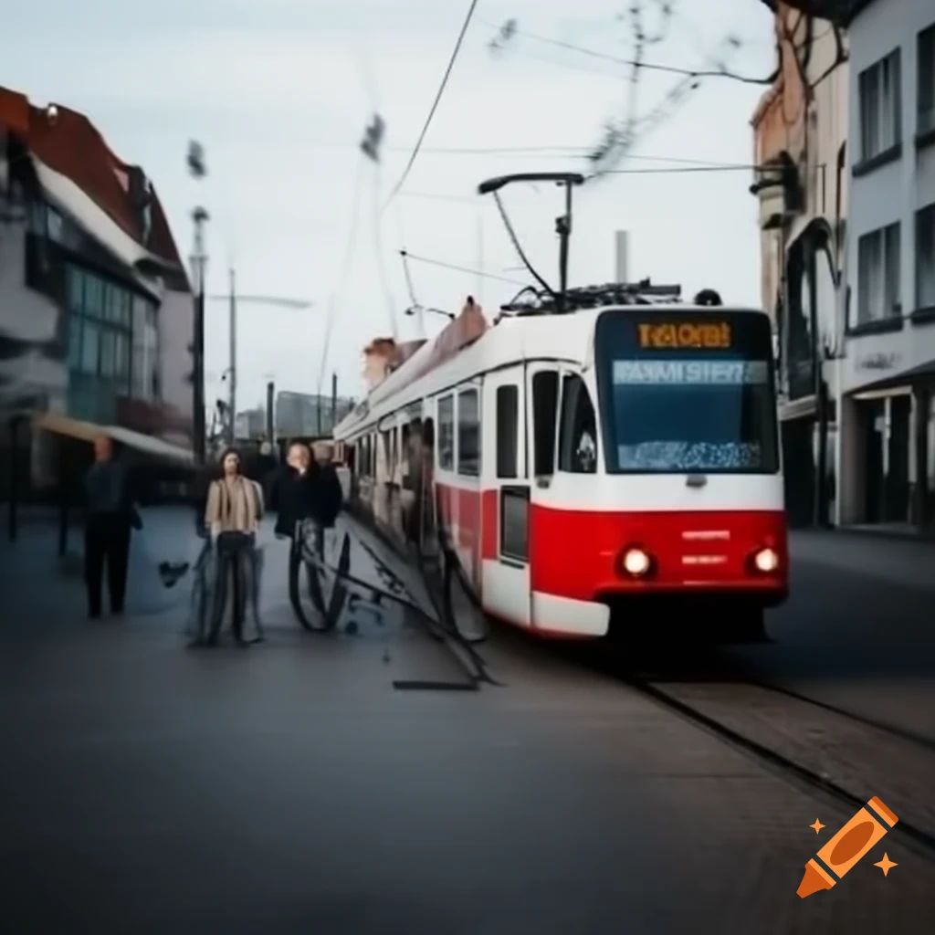 Street scene with happy people, cars, trains, and bicycles