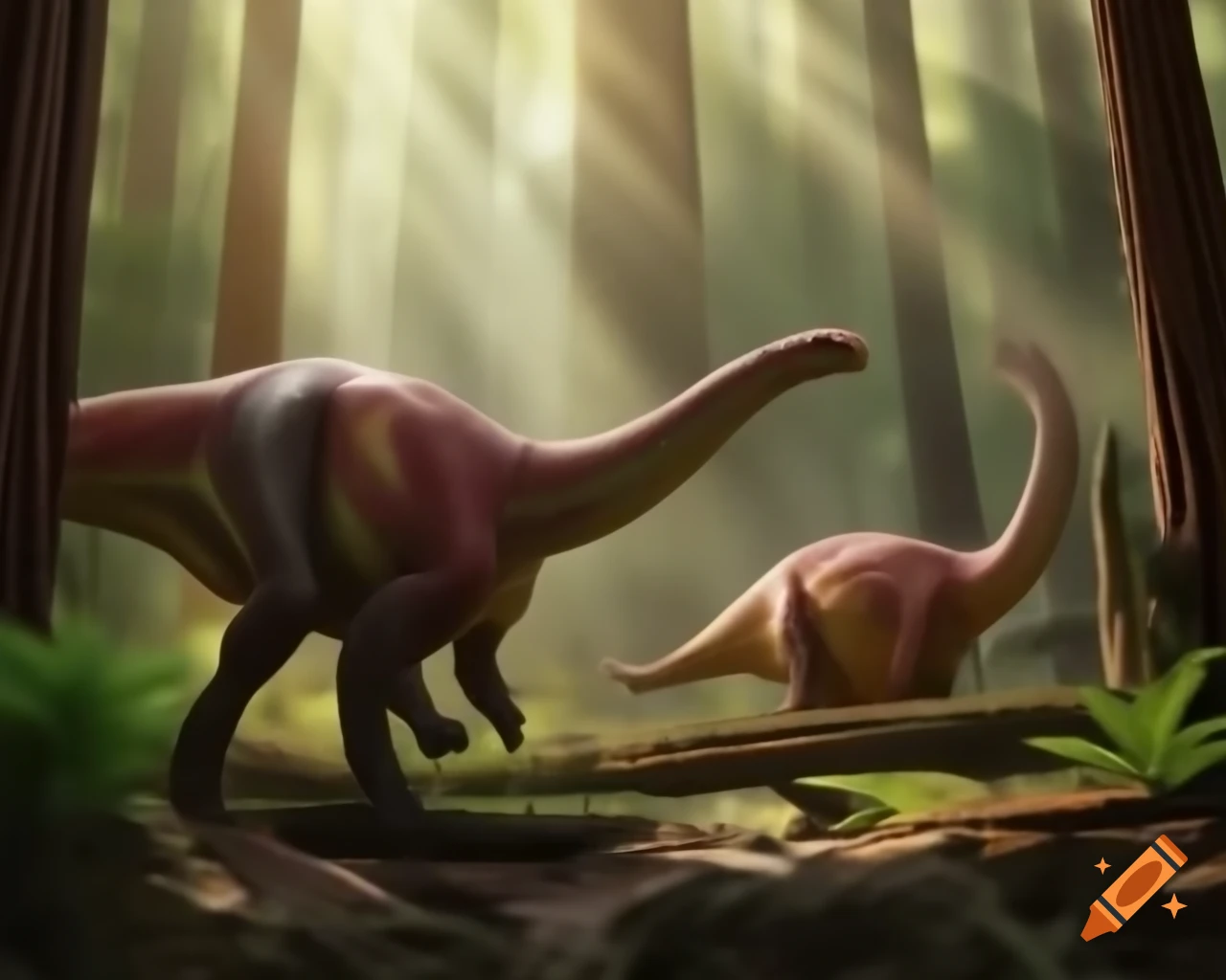 Hadrosaurus trio crossing ravine in redwood forest with ferns