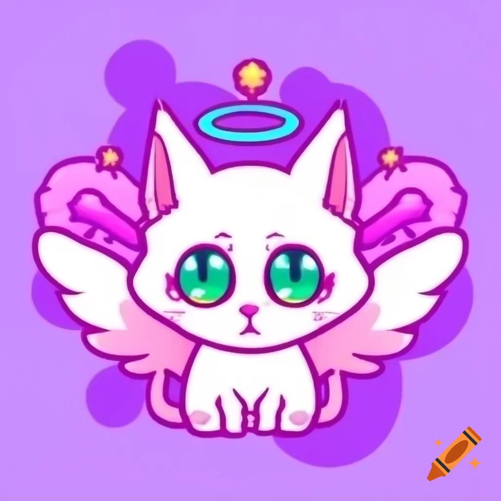 Cute angel kitten in pink and purple themed heaven, anime style